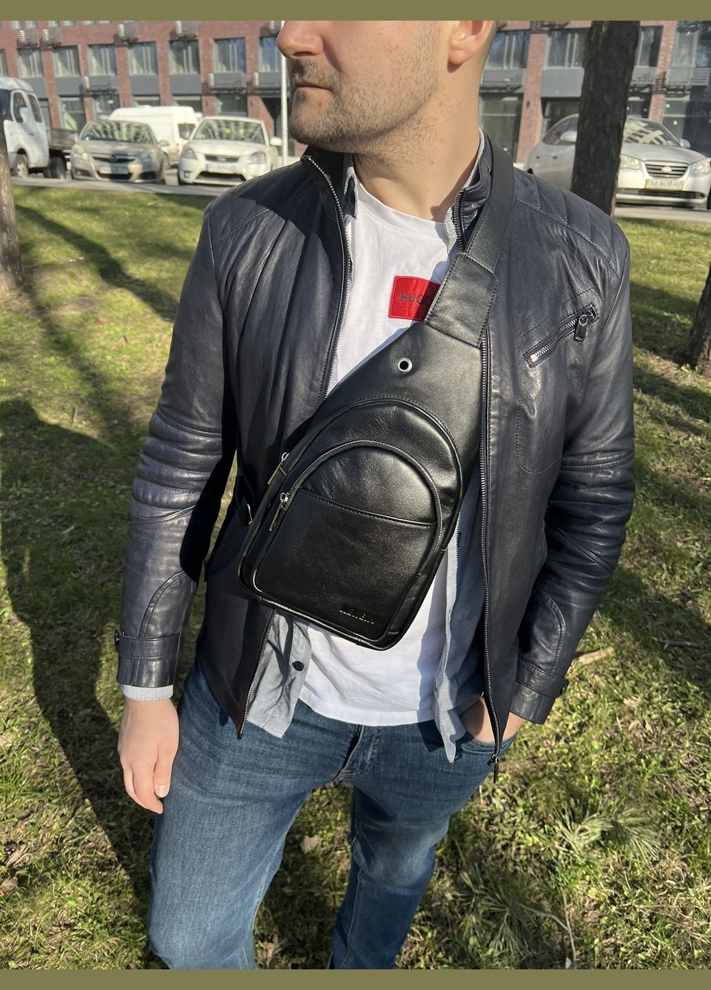 Чоловіча сумка слінг із гладкої телячої шкіри N9008GA Newery (303829760)