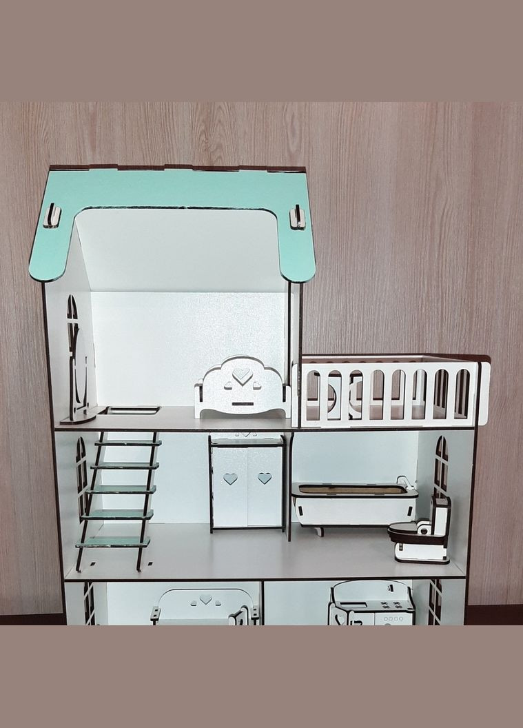 Дерев'яний дитячий ляльковий самозбірний будиночок для ляльок, 5 кімнат, з меблями, з терасою та сходами, з хдф No Brand (305220302)