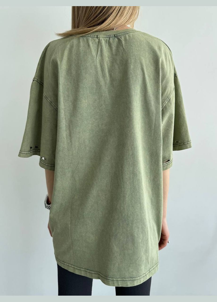 Оливковая всесезон красивая однотонная оливковая oversize футболка, качественная турецкая футболка с надписью на груди No Brand 24292