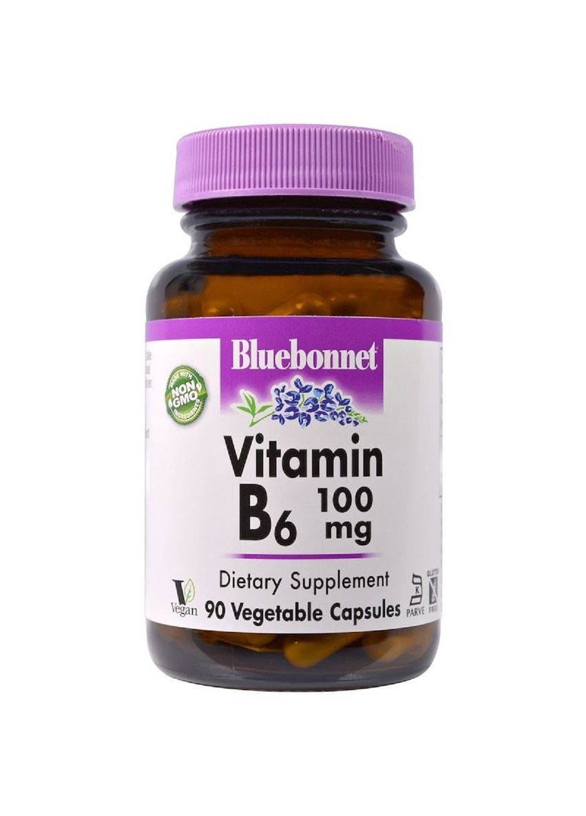 Вітамін B6 100 мг, Vitamin B6,, 90 вегетаріанських капсул Bluebonnet Nutrition (333721567)