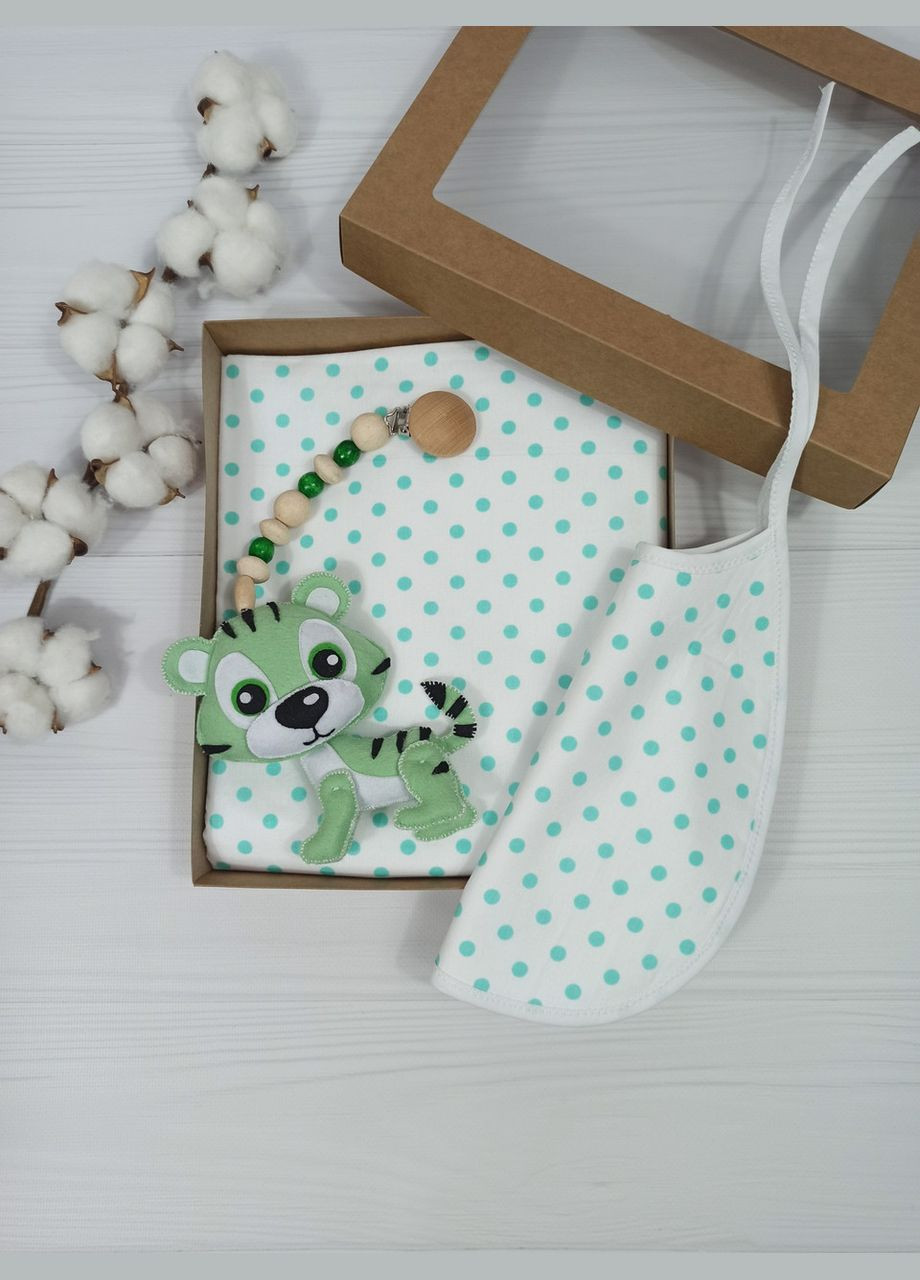 Набір для новонародженого: непромокаюча пелюшка, слинявчик і іграшка a.l.babybox М'ятний горох No Brand (315488351)