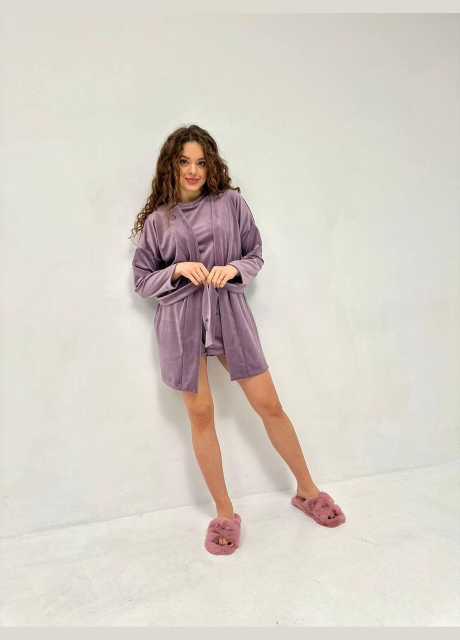 Фиолетовая всесезон женская велюровая пижама больших размеров тройка батал L&L