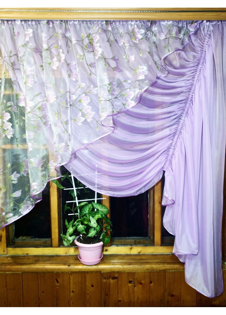 Занавеска короткая готовая Камелия сирень веточка правая No Brand (372134021)