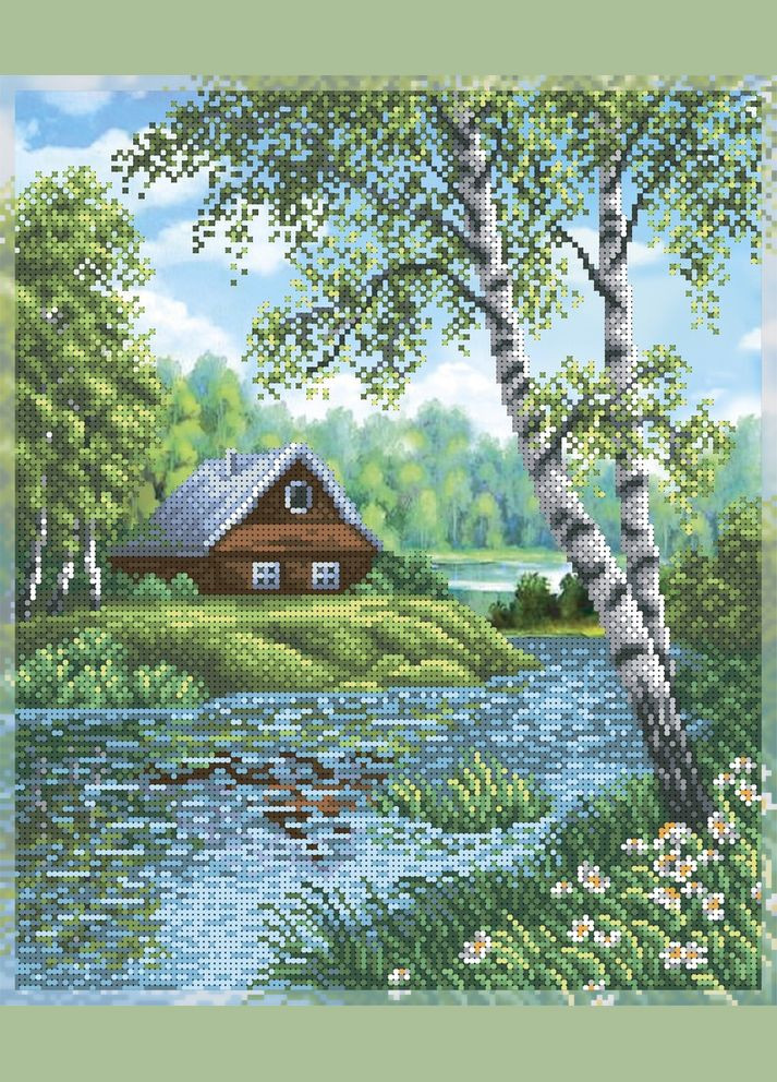 Набор для вышивки бисером "Дом у реки" цветы, домики, береза, пейзаж, ручей, сад, частичная выкладка, 28х33 см ВДВ (294613828)