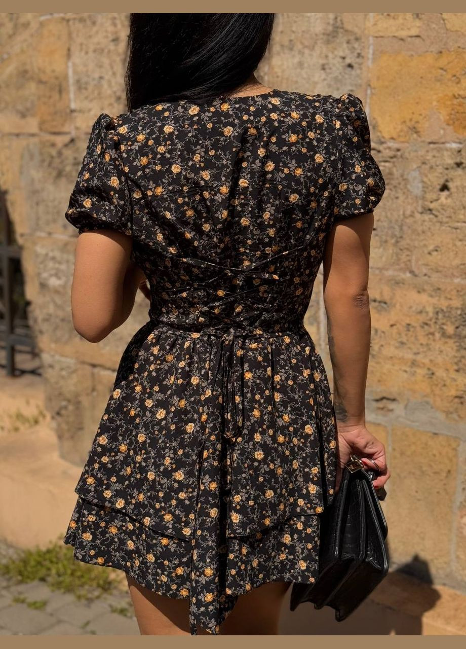 Чорна жіноча сукня з імітацією корсета, квітковий принт No Brand з квітковим принтом