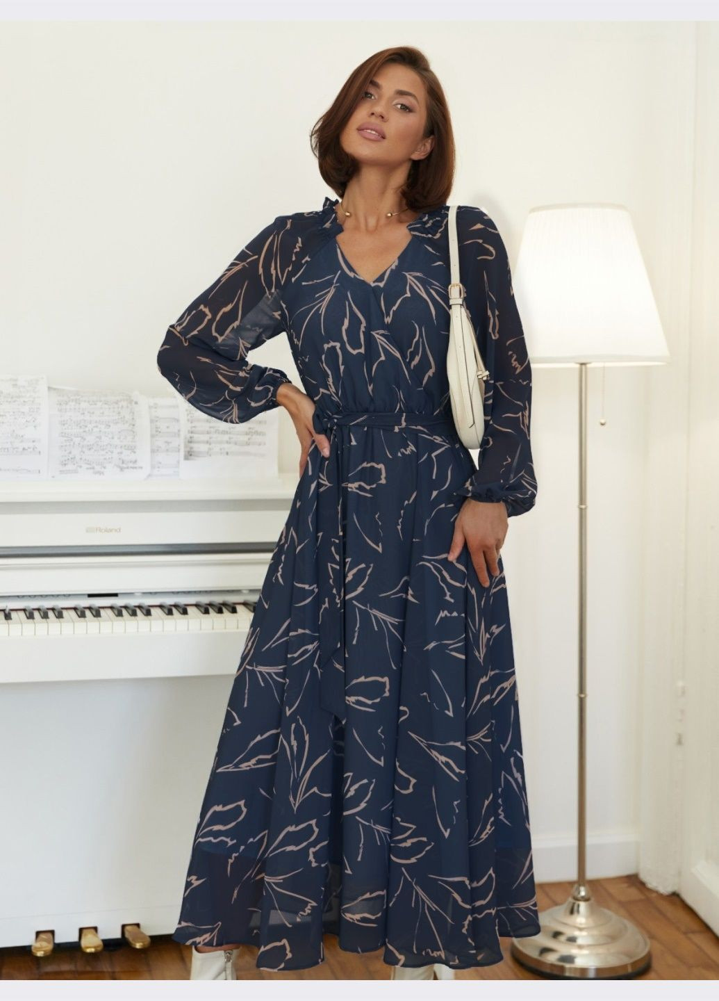 Синя святковий шифонова сукня-кльош з принтом синя кльош Dressa