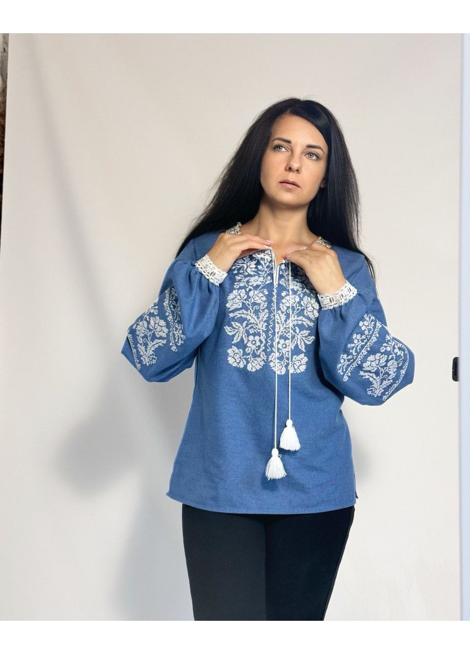 Синяя современное вышитое платье с длинным рукавом на бирюзовой ткани. узор цветочный вискоза (352503749)