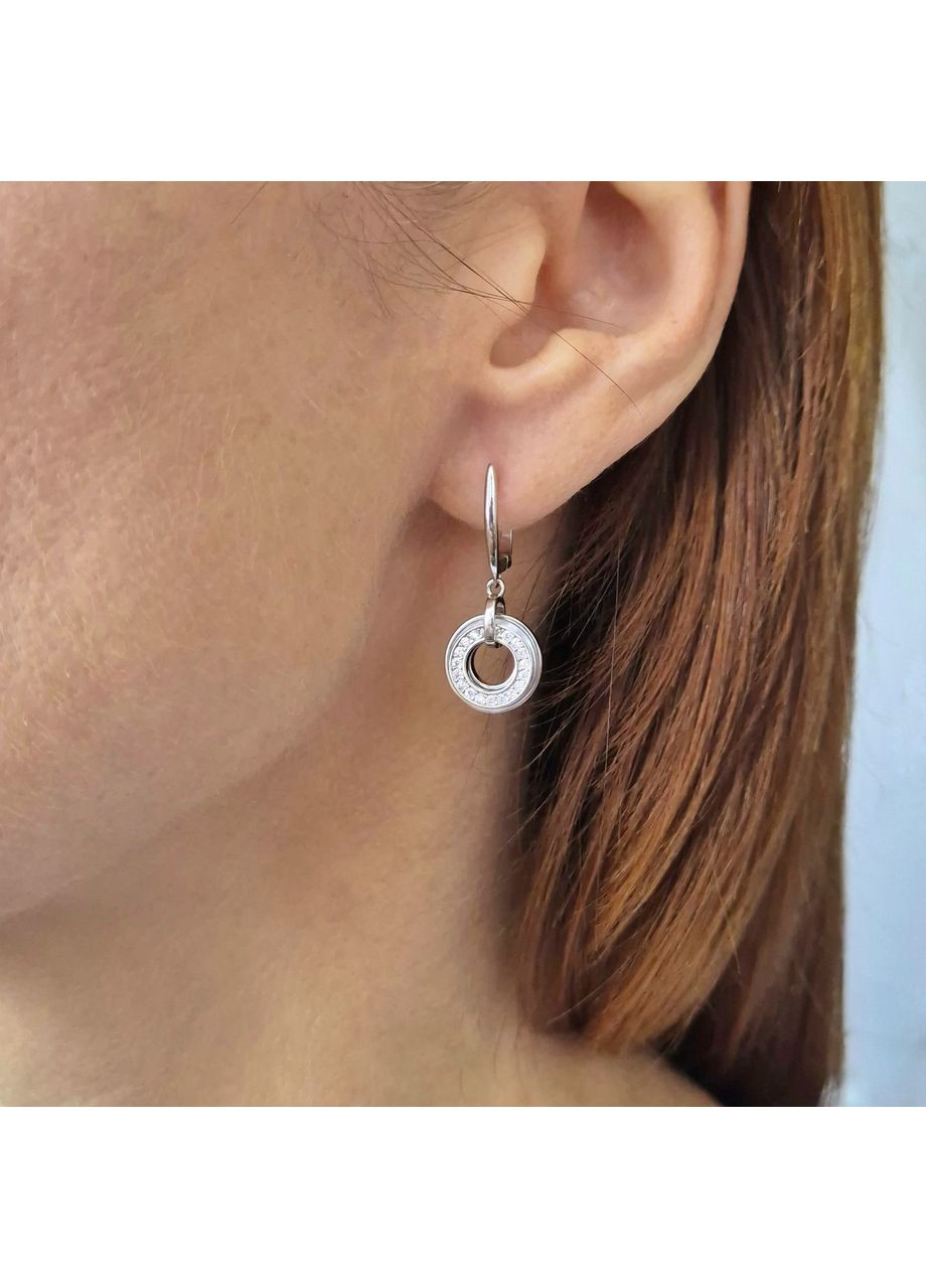 Срібні сережки з підвіскою Два Кола з Перламутром срібло 925 проби Родоване 6727р 5.29г Nobrand (370438623)