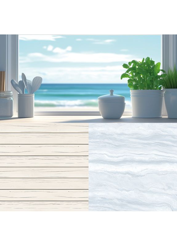 Фотофон для предметной съёмки 3D кухня у моря с растениями, пол белая доска и мрамор, 60×60 см, №58646 PhotoVinyl (360980129)