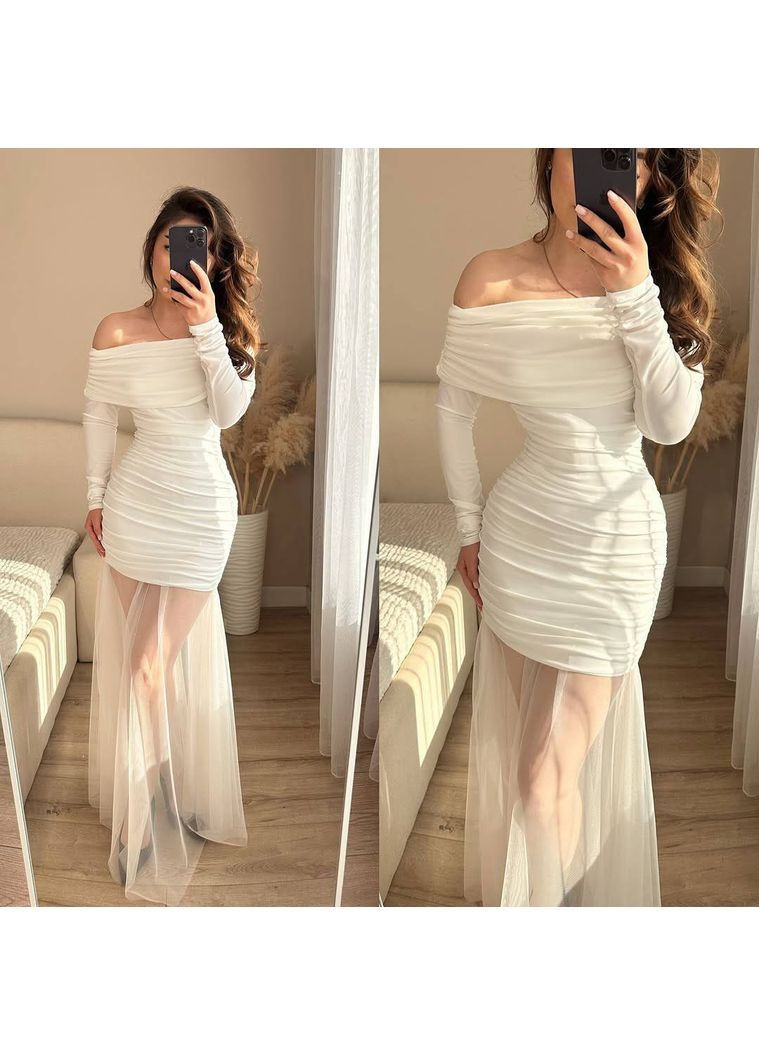 Белое праздничный, коктейльное, вечернее женское платье с прозрачной юбкой платье-комбинация Avanti однотонное
