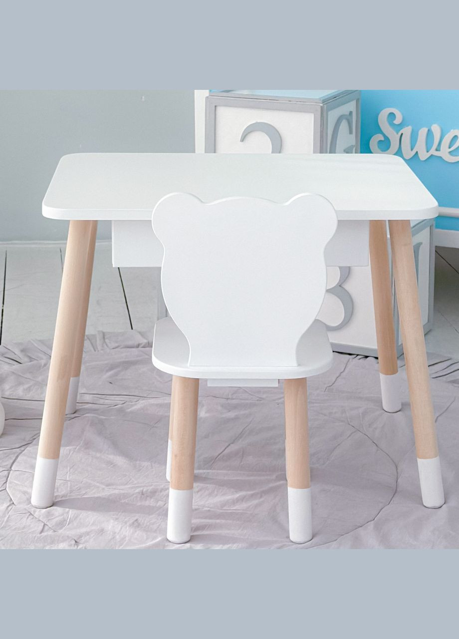 Детский столик и стульчик мишка белый. Столик с ящиком для карандашей и раскрасок 36095 No Brand (361259124)