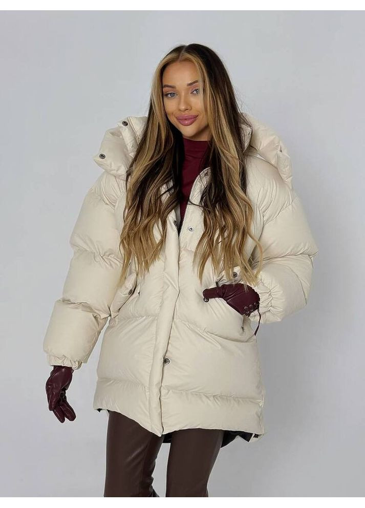 Молочная зимняя женская куртка rudy с карманами и съемным капюшоном (mil587) milirud