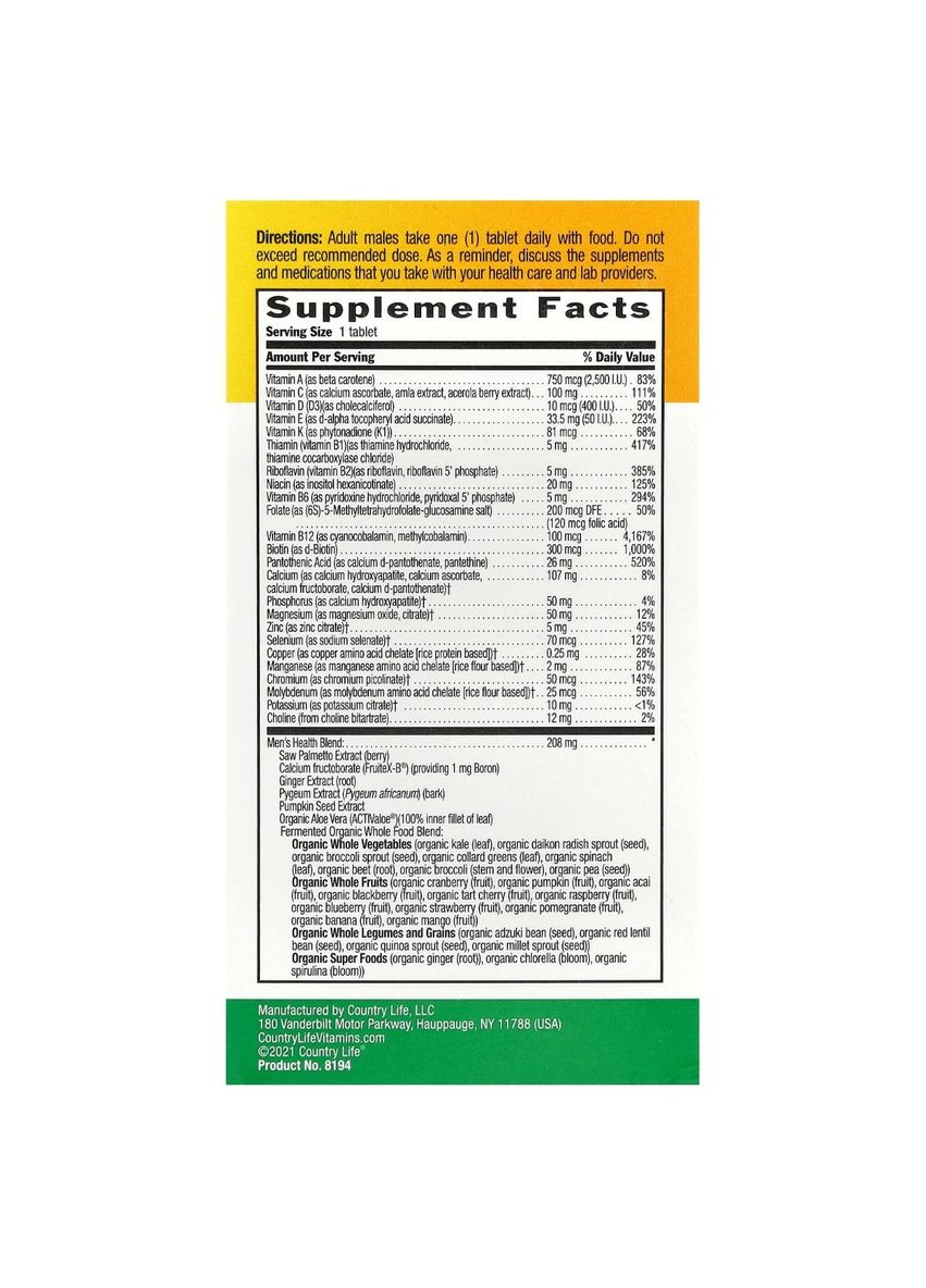 Мультивитамины для Мужчин, 50+, Core Daily-1 for Men 50+,, 60 таблеток Country Life (326055224)
