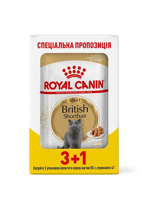 British Shorthair Adult - Консервированный корм для взрослых кошек породы Британская короткошерстная - 3+1 шт. Royal Canin (380411306)