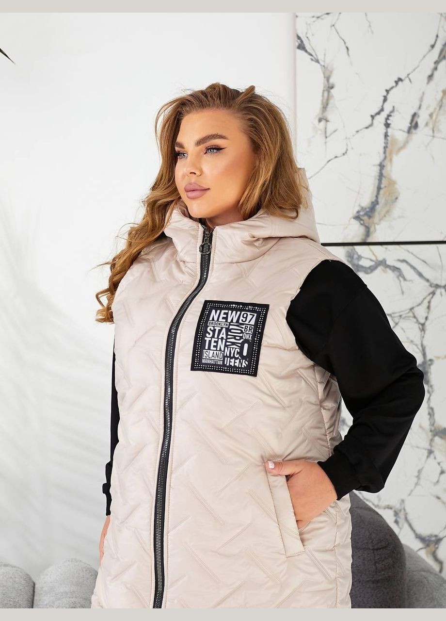 Женская жилетка батал молочная длина по колено прямая с капюшоном и карманами Viki Жилет (316111603)