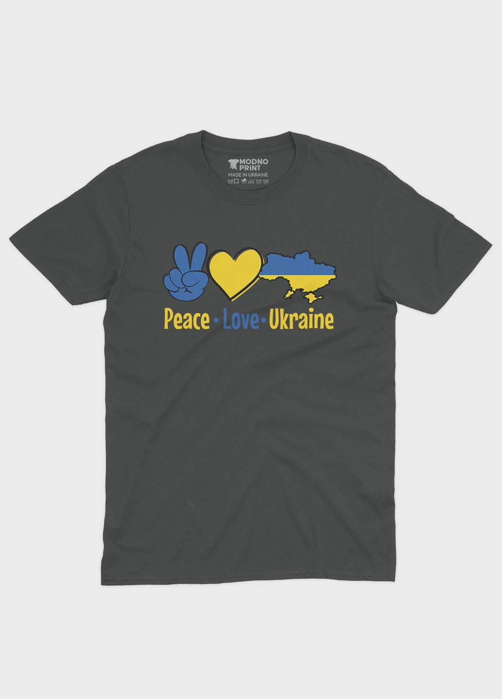 Темно-сіра чоловіча футболка з патріотичним принтом peace love ukraine (ts001-2-slg-005-1-040) Modno