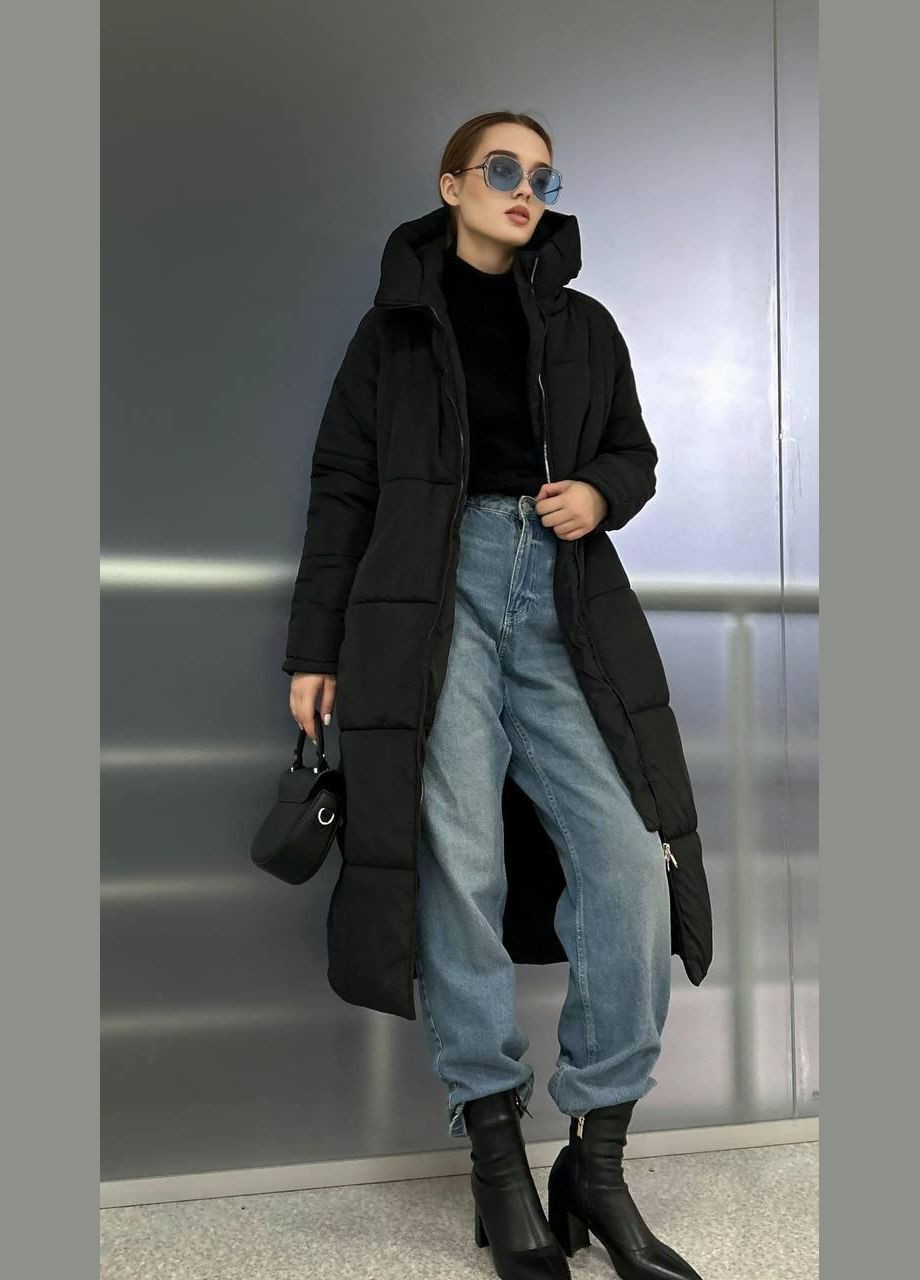 Чорне зимнє Пальто жіноче зимове довге чорного кольору однобортне No Brand