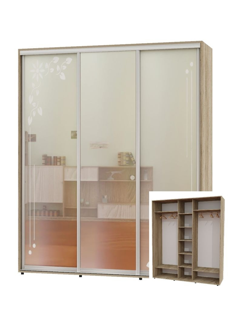 Шкаф-купе трехдверный 200*60*220 Дуб крафт серый 2 Зеркала с пескоструйным рисунком/Зеркало ШК-04 Алекса (360464487)