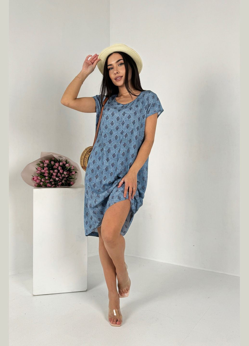 Синя повсякденний, кежуал практична і зручна літня сукня довжини міді зі штапелю сукня-футболка INNOE з геометричним візерунком