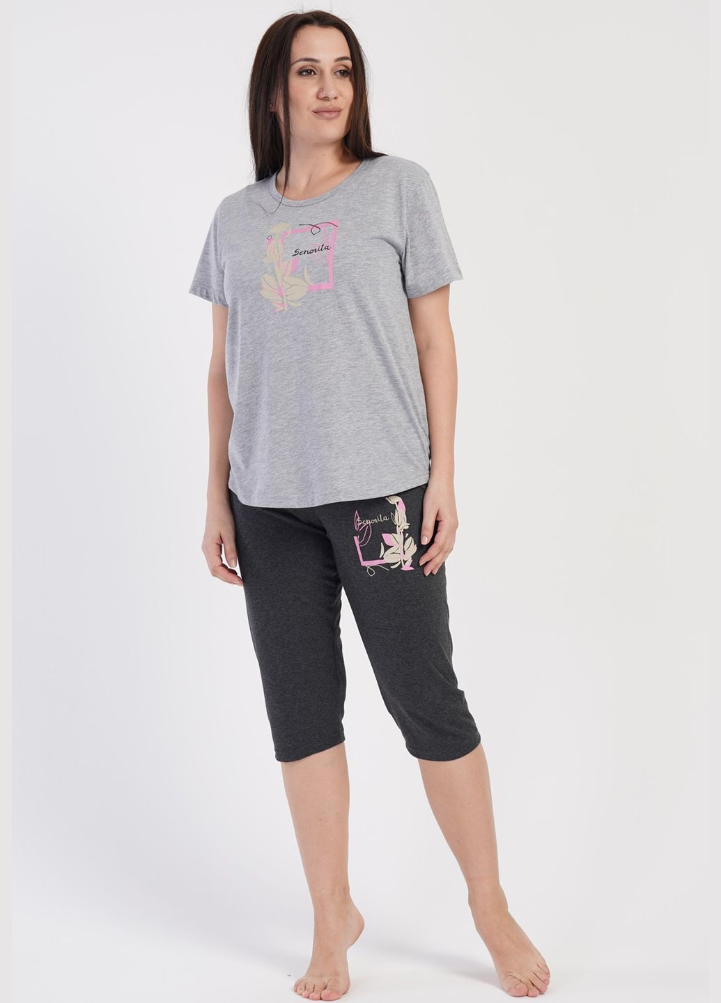 Серо-синяя всесезон пижама хлопковая женская большого размера (футболка, бриджи) футболка + бриджи Vienetta