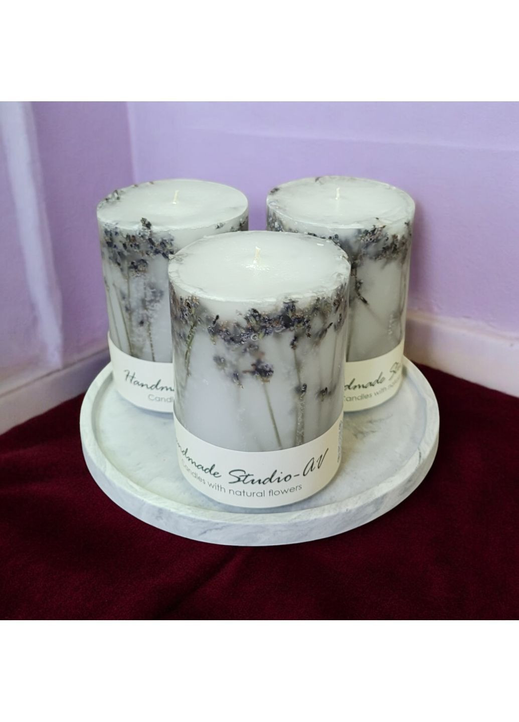 Набір свічок ручної роботи декоративні свічки в наборі з 3 шт на підставці з гілочками лаванди Handmade Studio - AV (370709278)