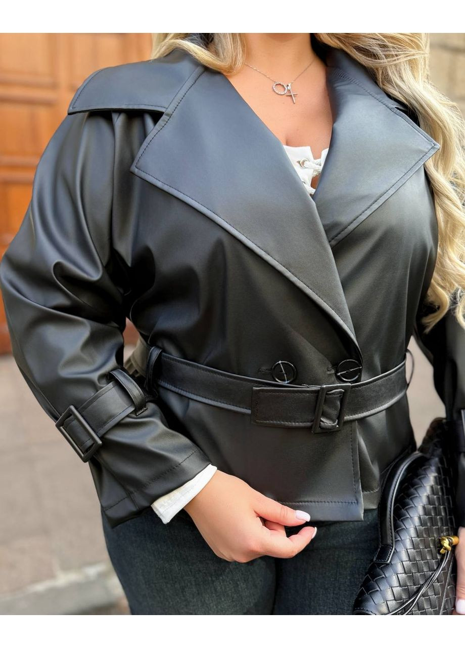 Чорна демісезонна жіноча куртка з екошкіри з поясом | елегантний стиль | заміри в описі косуха Vione