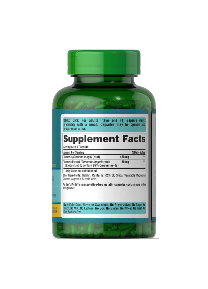 Куркума Puritan's Pride Turmeric Curcumin 500 mg, 180 капсул Puritans Pride (365749596)