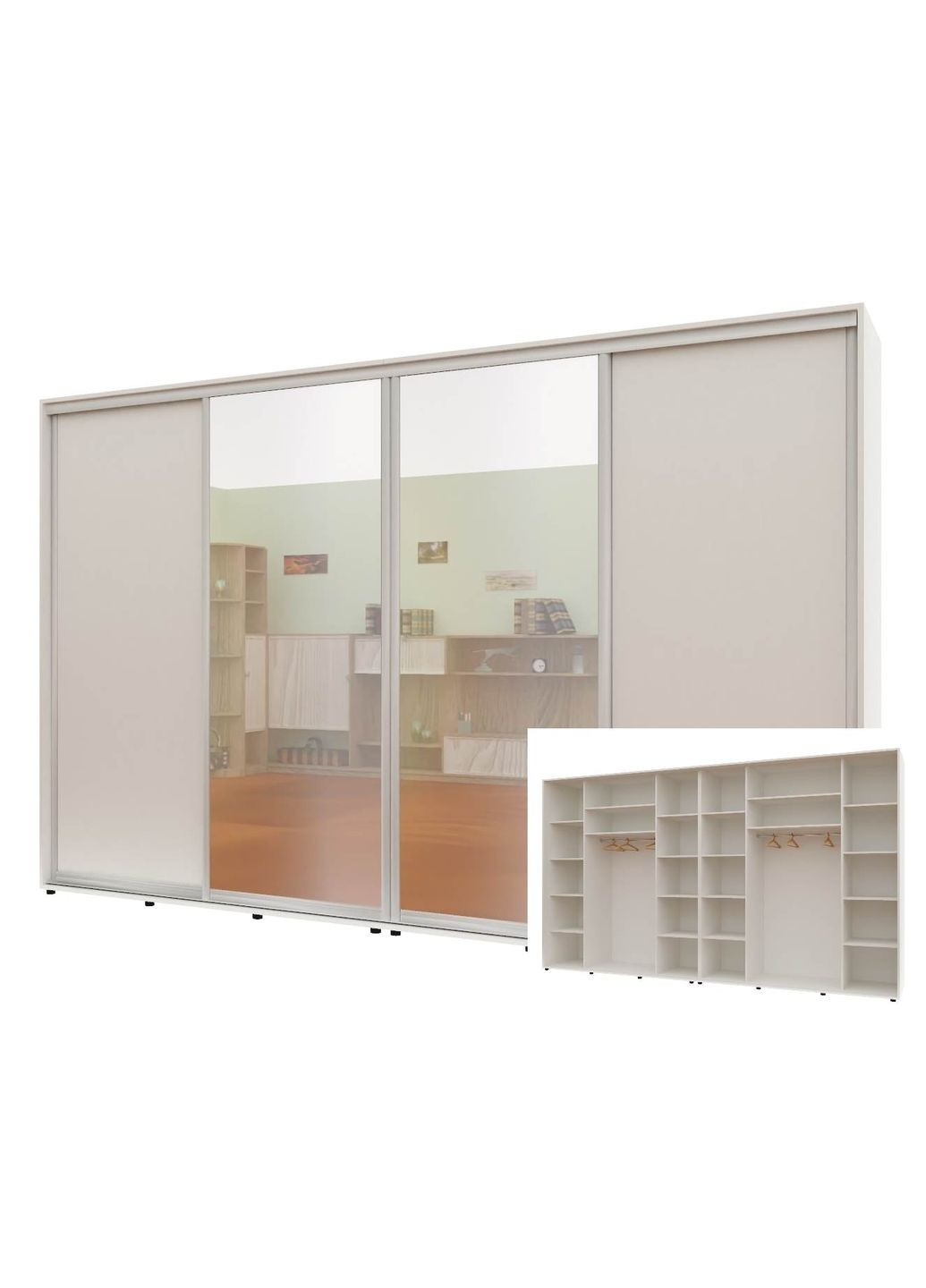 Шкаф-купе четырехдверный Комфорт Мебель 340*60*220 см Белый ДСП + Зеркало + Зеркало + ДСП Макси Комфорт Меблі (360473454)