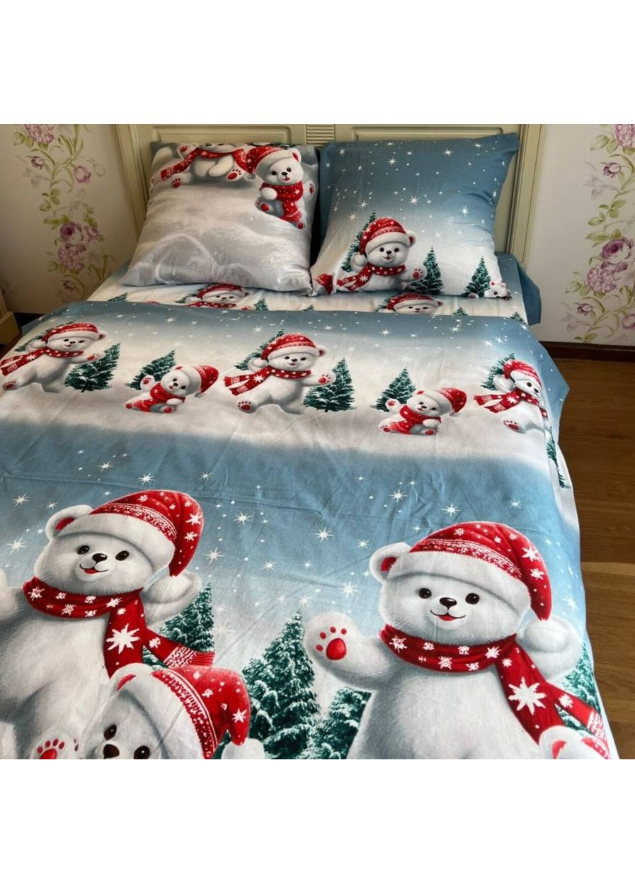 Постільна білизна полуторна синьо-біла новорічна Ведмедики Фланель Байка A11B Ananasko (368239350)