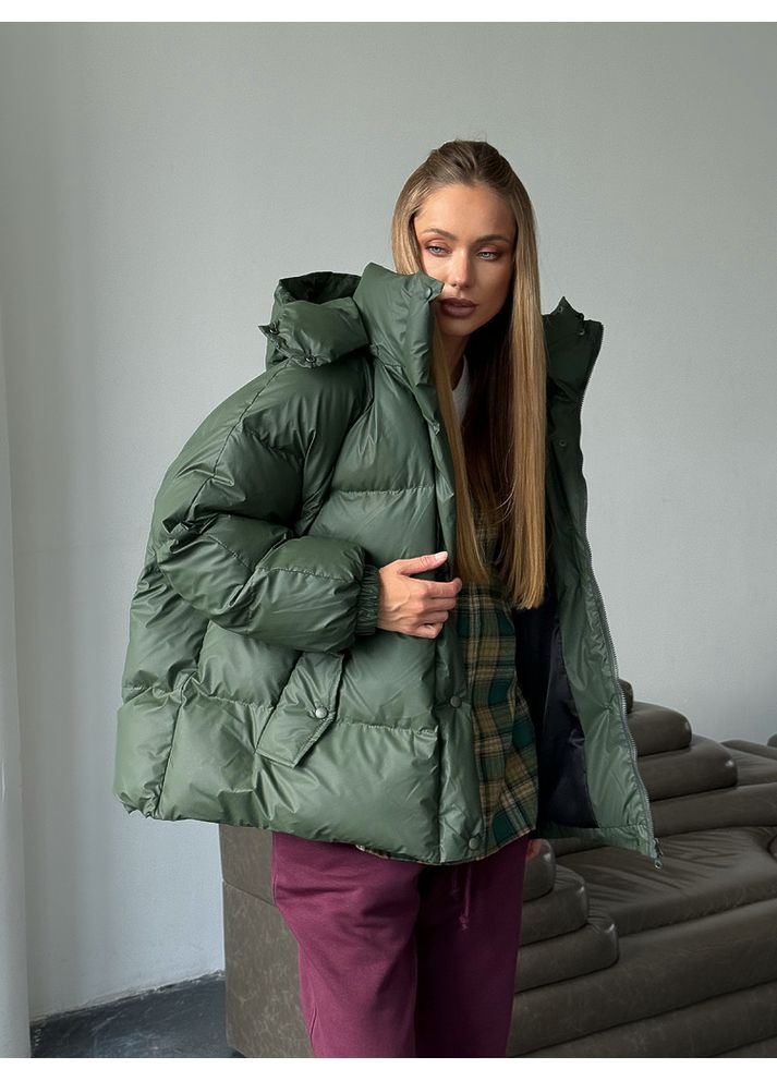 Оливковая зимняя женская куртка пуфер irish с карманами и съемным капюшоном (mil631) milirud