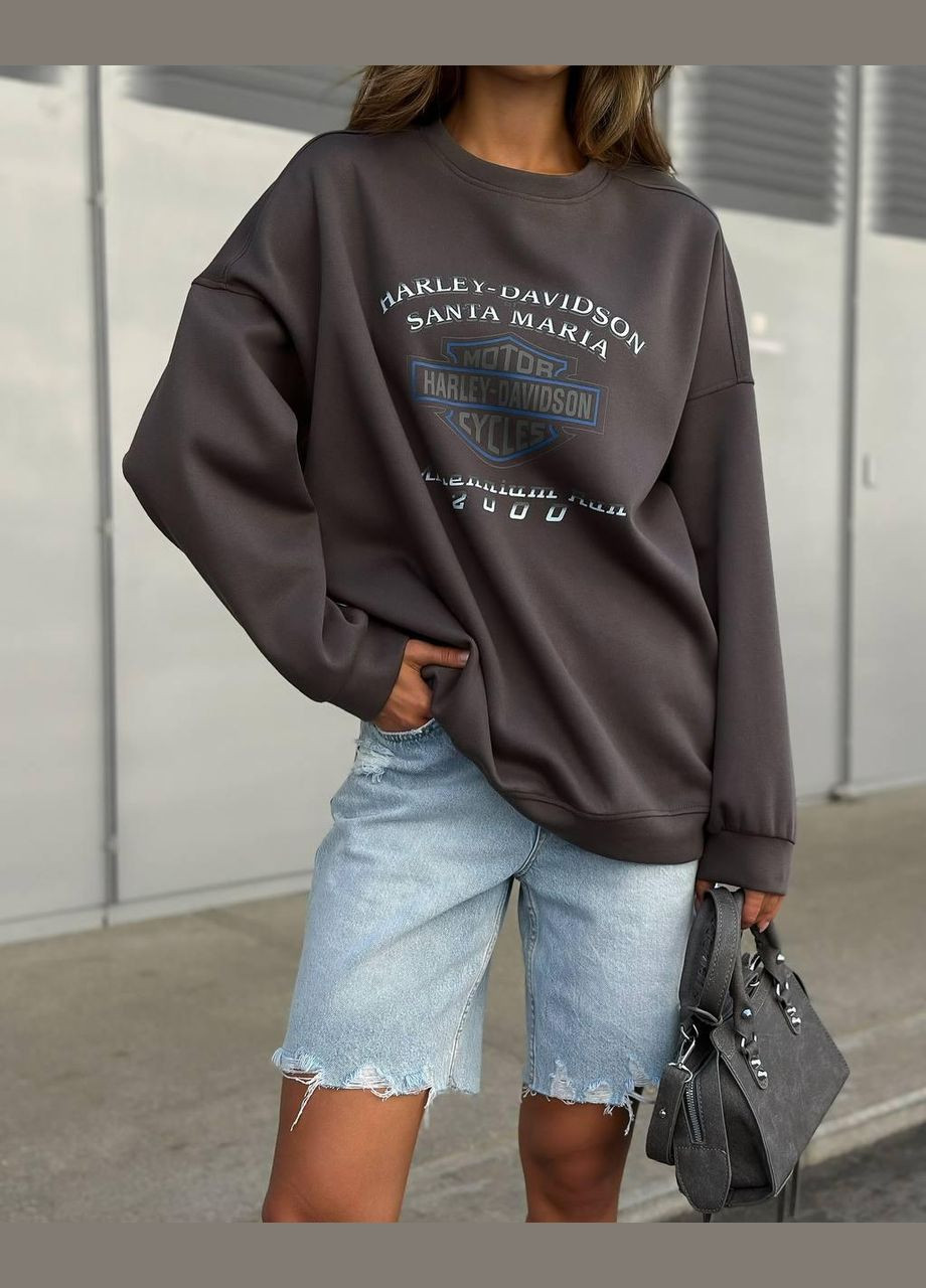 Графитовый свитшот женский - стильный, на флисе, оверсайз фасон, качественный накат JUGO однотонный без декора (315885785)