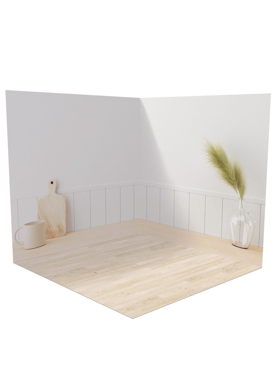 Фон вініловий 3D кутовий, біла кухня мінімалізм, підлога світле дерево і біле дерево, 80×80 см, №58275 PhotoVinyl (354375100)