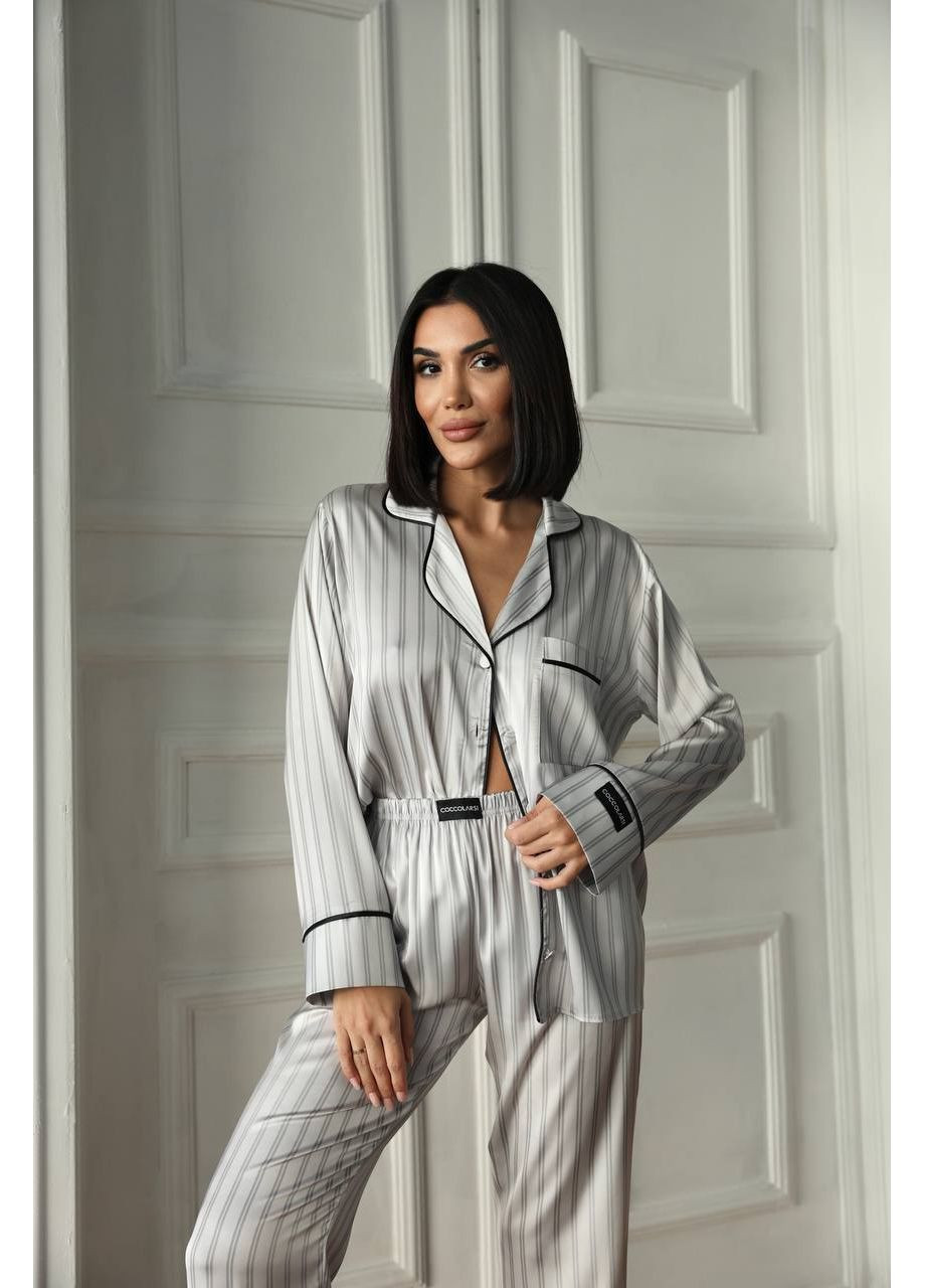 Серая сатиновая пижама в серую полоску No Brand