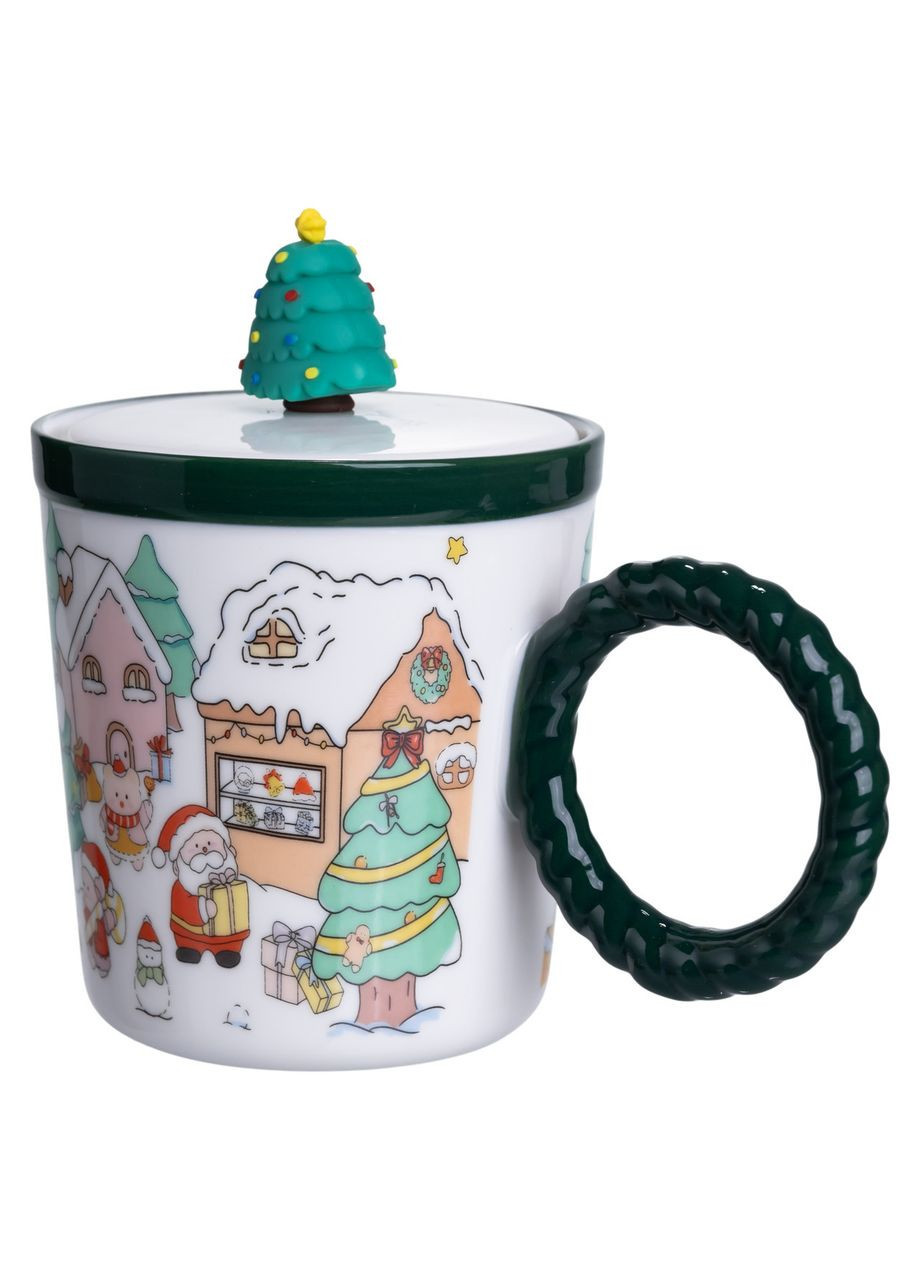 Чашка фарфоровая с крышкой Елка 400 (мл) Зеленый FM-CS-36B Yiwu (370969215)