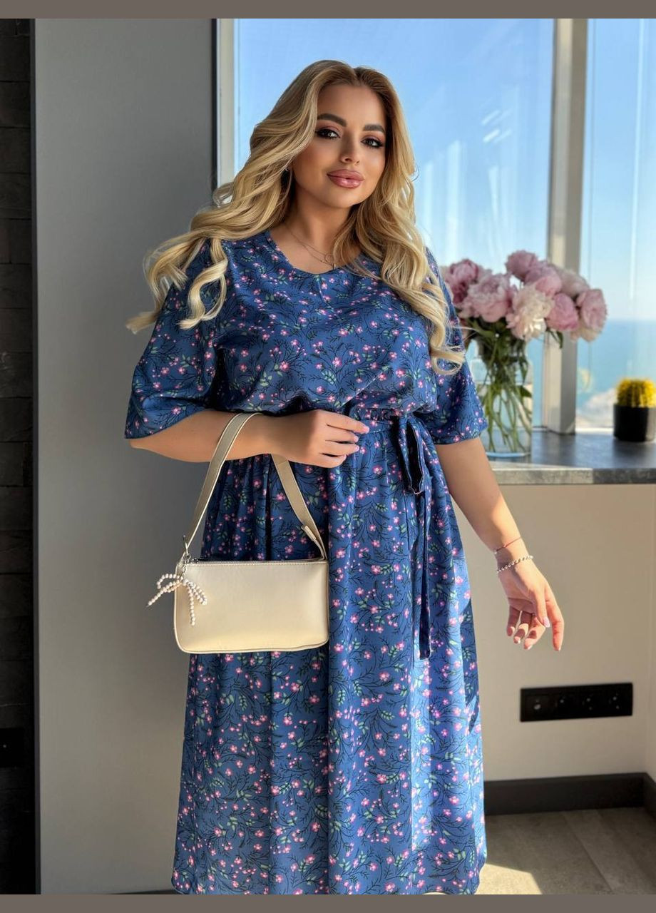 Синее повседневный платье меди с поясом и цветочным принтом MonCher с цветочным принтом