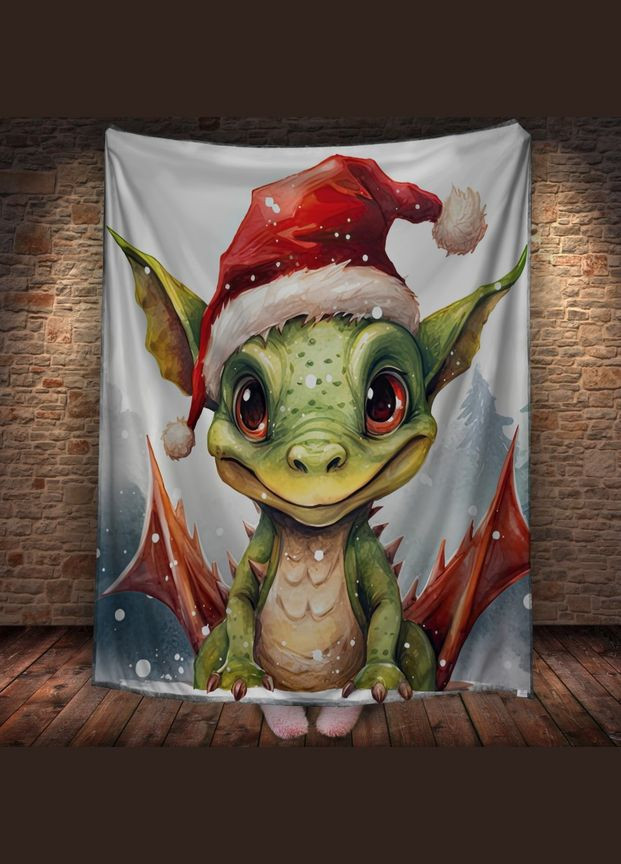 Плед з 3D принтом Різдвяний Дракончик з крилами вшапці Санта Клауса, Рік Дракона _004 Перша Креативна мануфактура PERFECTUS Плед (301869020)