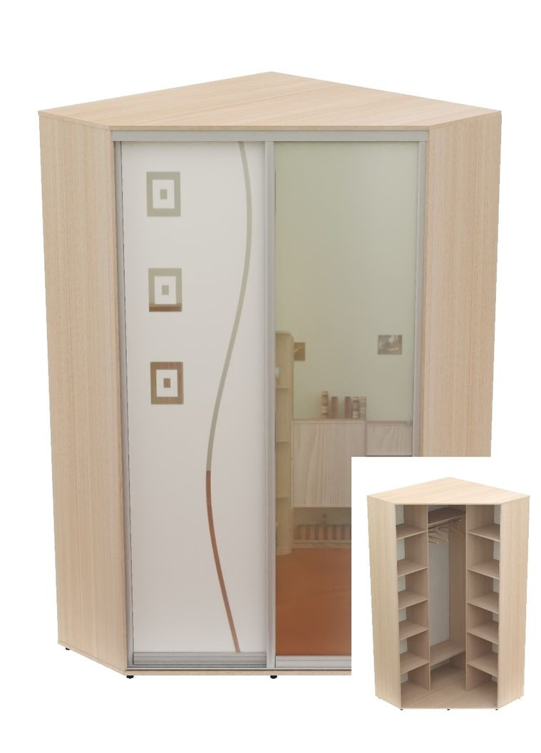 Шкаф-купе двухдверный угловой 140*140*250 Дуб молочный Зеркало/Зеркало с пескоструйным рисунком Угол-4 Алекса (360473943)