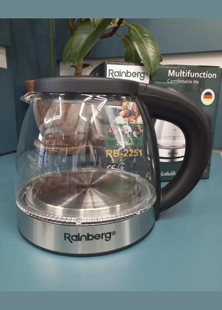 Электрочайник RB-2251 стеклянный дисковый чайник с LED подсветкой 1л 2200Вт Черный Rainberg (342392378)