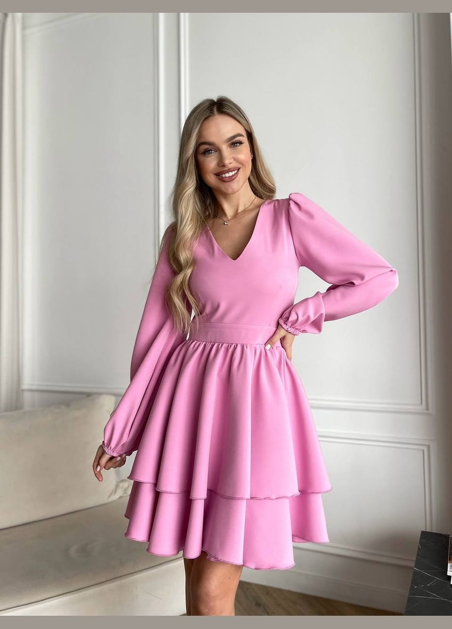 Розовое классическое платье мини с двойной юбкой розового цвета 31038 клеш No Brand однотонное