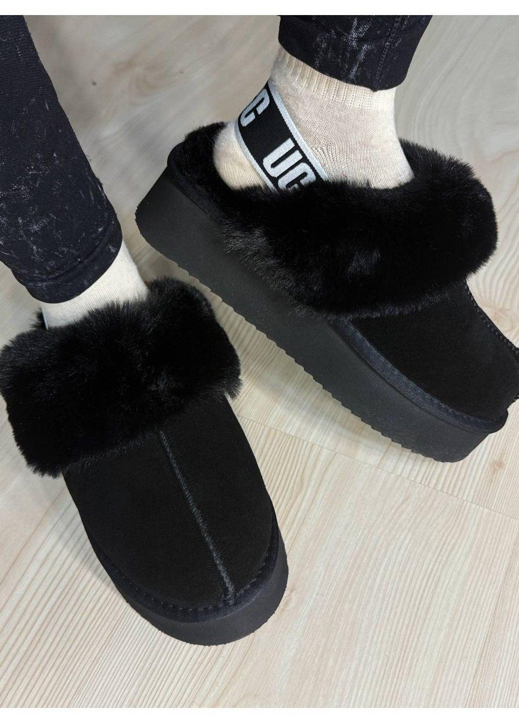Угги женские 1701-1 тапочки с опушкой и резинкой на платформе черные ITTS (370269476)