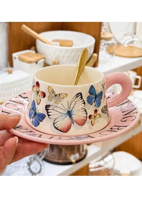 Чайна чашка "Butterfly" 270мл з блюдцем та ложечкою, рожевий, у подарунковій упаковці BonaDi (395928806)