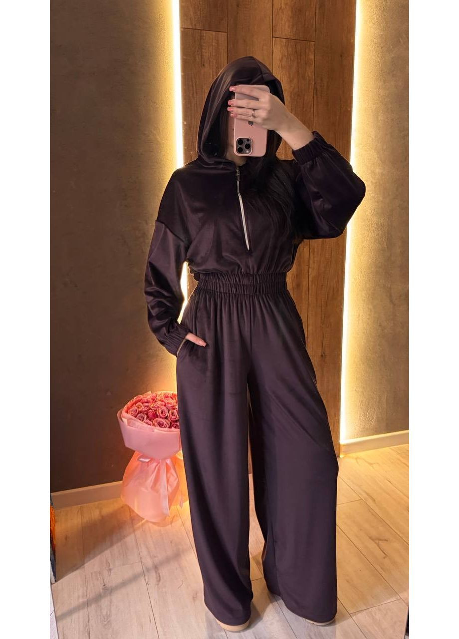 Женский велюровый комбинезон с капюшоном и акцентом на талии. MonCher комбинезон-брюки коричневый повседневный велюр