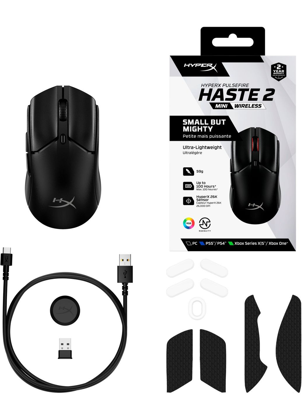 Мышь 7D388AA Pulsefire Haste 2 mini, RGB, USB-A/WL/BT, HyperX (362712599)