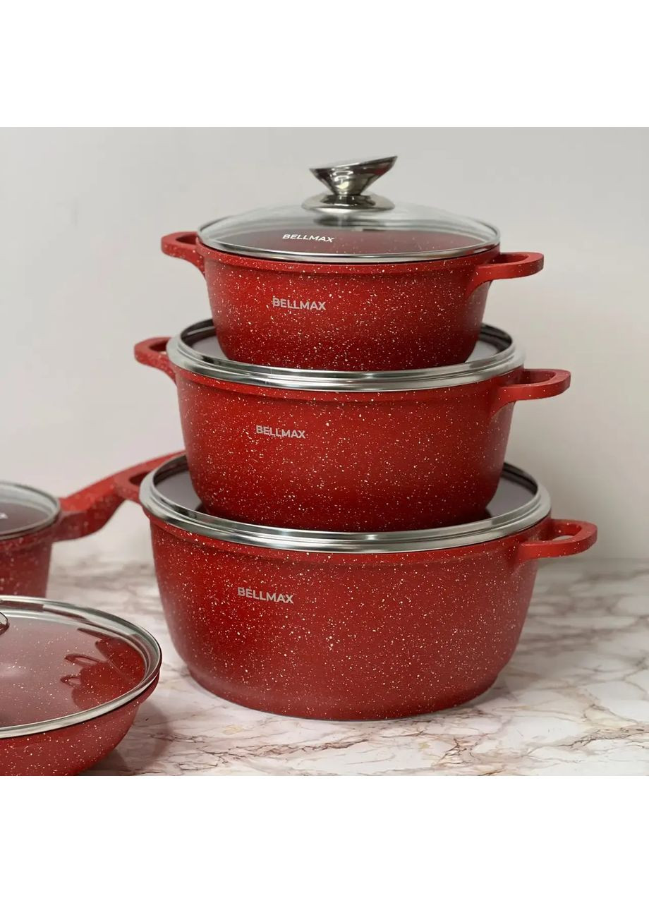 Набір посуду із гранітним антипригарним покриттям BellMax BM-305 із 12 предметів червоний Domotec (367074482)