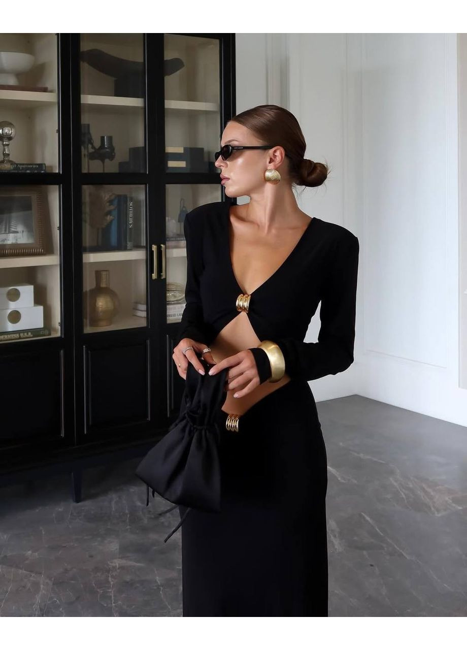 Черное вечернее изысканное макси платье силуэтная Adelante однотонное