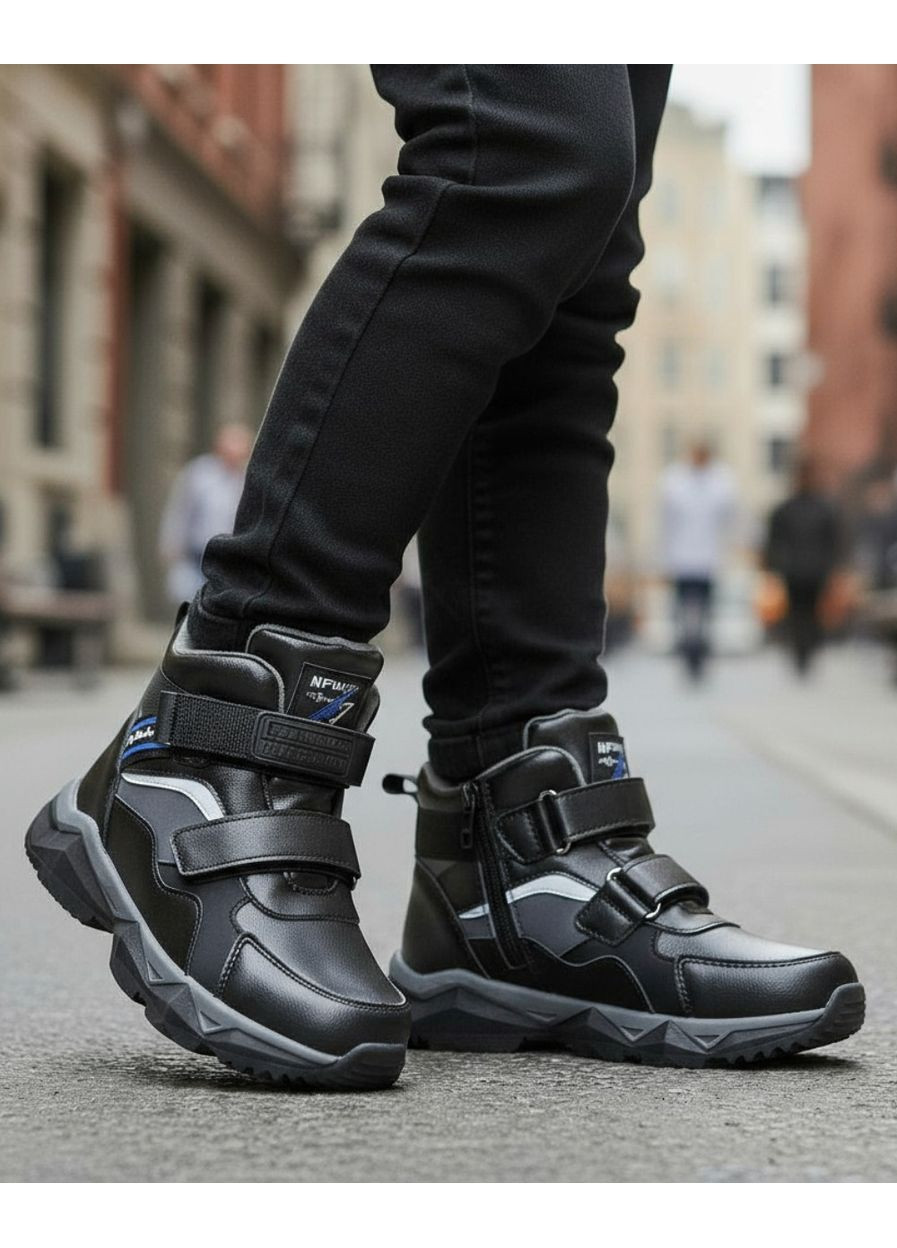 Черные спортивные, повседневные, кэжуал осенние демисезонные ортопедические ботинки для мальчика, осенние хайтопы на липучках, утепленные деми ботинки на флисе Tom.M