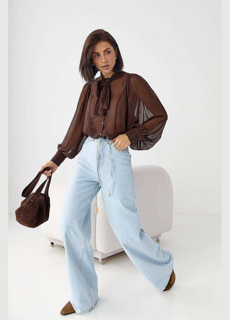 Коричнева прозора блуза з рукавами-ліхтариками Lurex