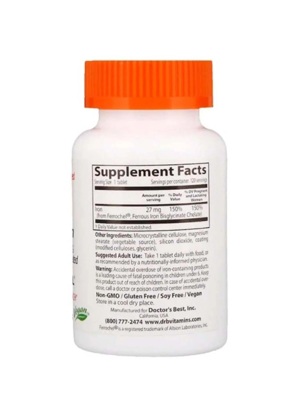 Мікроелемент Залізо High Absorption Iron with Ferrochel 27 mg 120 Tabs Doctor's Best (301861192)