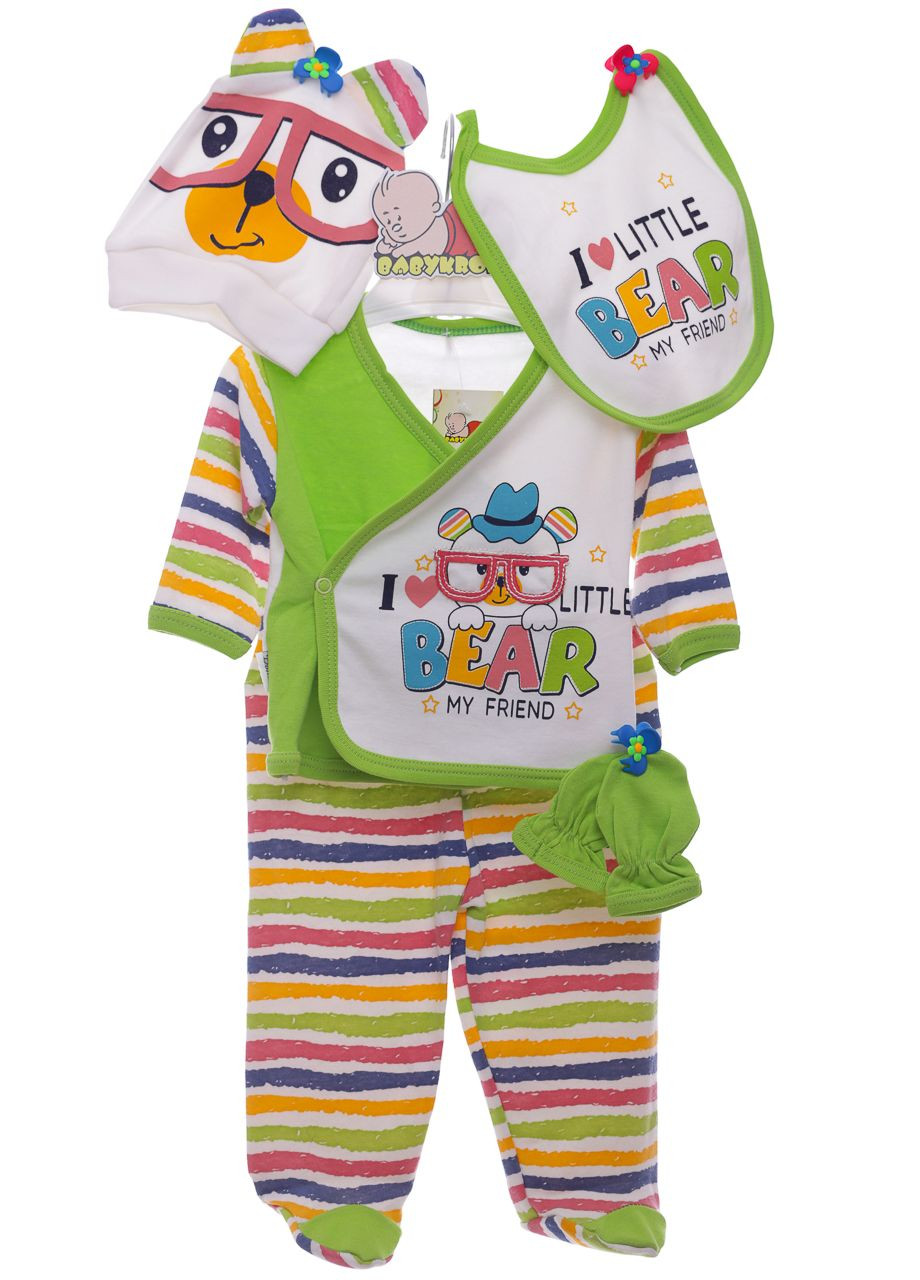 Зелений демісезонний комплект розпашонка, повзунки, шапочка трикотажний для хлопчика bear 56 см (42587) Donino