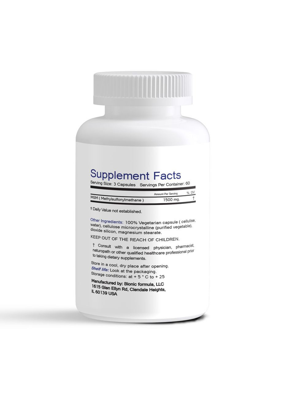 МСМ - MSM - для суглобів, шкіри та волосся 1500 мг. 180 капсул Bionic Formula (369154338)
